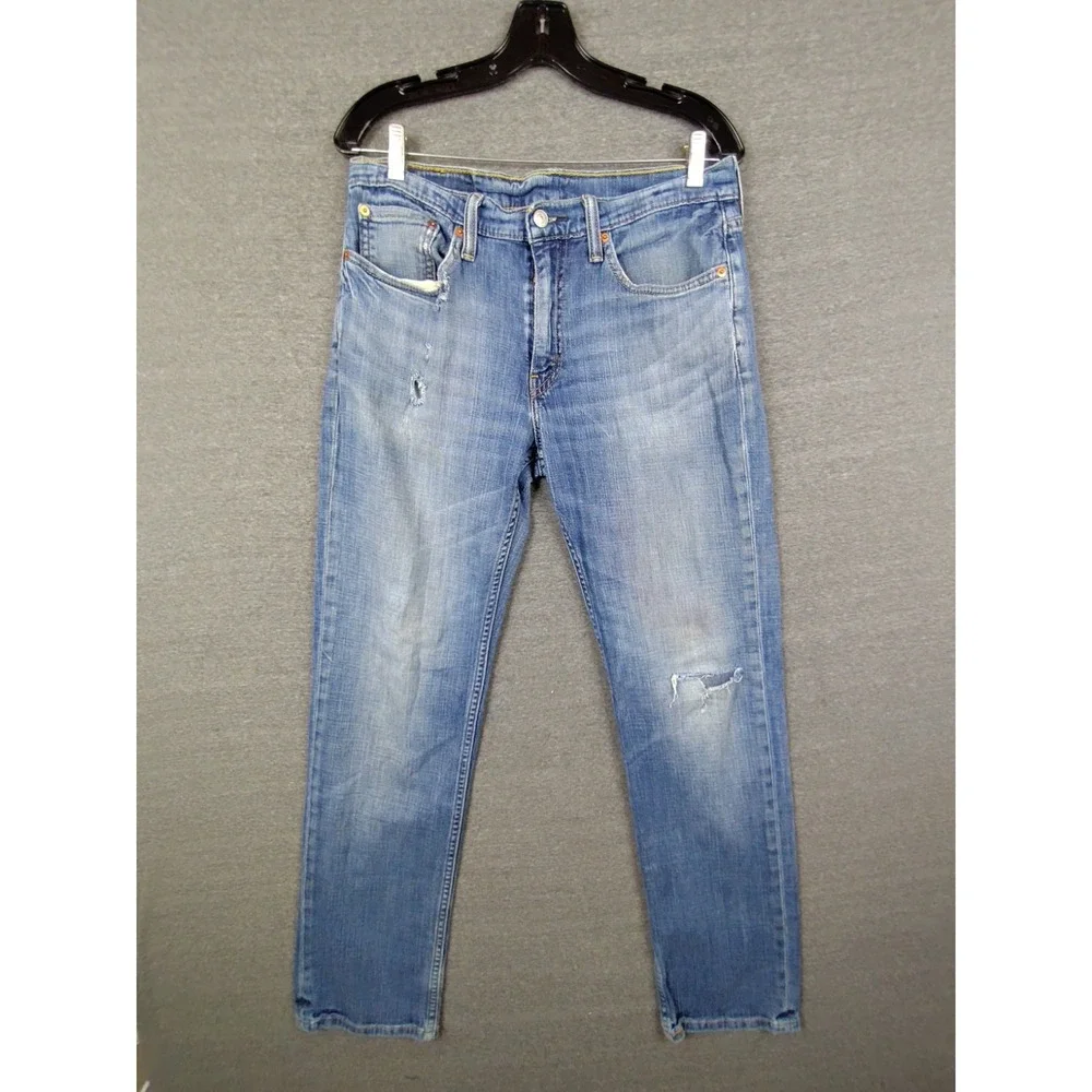 Levis Mens Jeans 32x34 Blue Denim 514 Straight Slim Distressed Western Casual